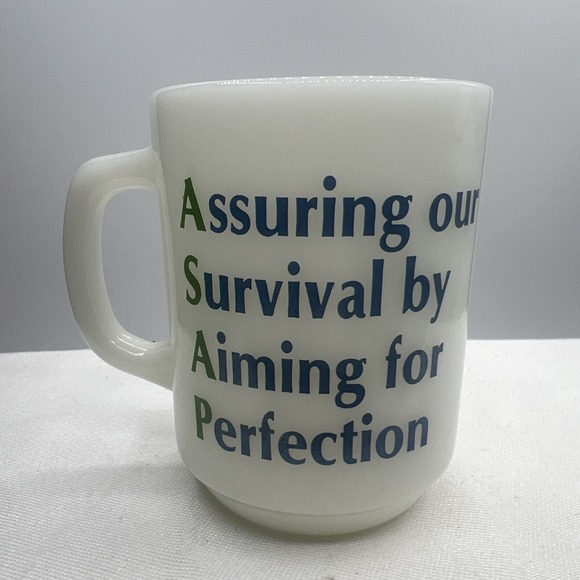 Anchor Hocking Other - Vtg Anchor Hocking Mug Cup Milk Glass Asap Assuring Survival Perfection 20 301